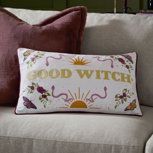 Furn Good Witch Embroidered Velvet Cushion in White - Size: 30 cm x 50 cm - image 1