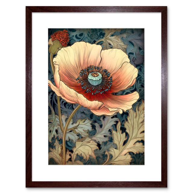 "Artery8 Wall Art Print William Morris Style Peach Anemone Flower Bloom Artwork Framed 9X7 Inch in Brown - Size: W7"" x H9""" - image 1