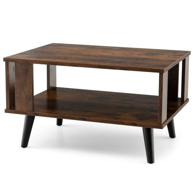 Costway Industrial Coffee Table 2-Tier Wooden Center Table Small Side Table Living Room in Brown - image 1