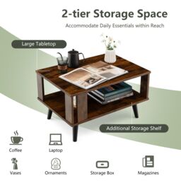 Costway Industrial Coffee Table 2-Tier Wooden Center Table Small Side Table Living Room in Brown - thumbnail 3