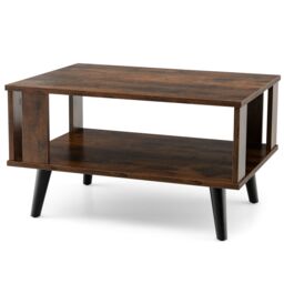 Costway Industrial Coffee Table 2-Tier Wooden Center Table Small Side Table Living Room in Brown - thumbnail 1