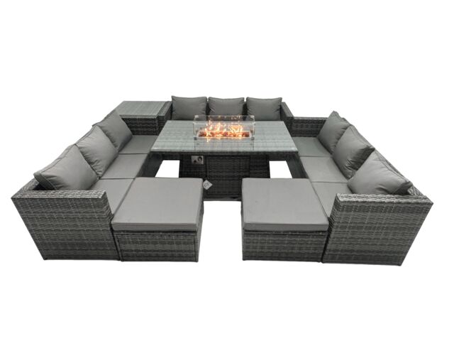 Fimous Rattan Garden Furniture Firepit Set Outdoor 10 Seater Patio Dining Sets with Glass Top Dining Table Side Tables in Dark Grey - image 1