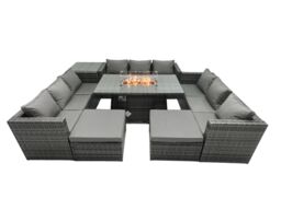 Fimous Rattan Garden Furniture Firepit Set Outdoor 10 Seater Patio Dining Sets with Glass Top Dining Table Side Tables in Dark Grey - thumbnail 1
