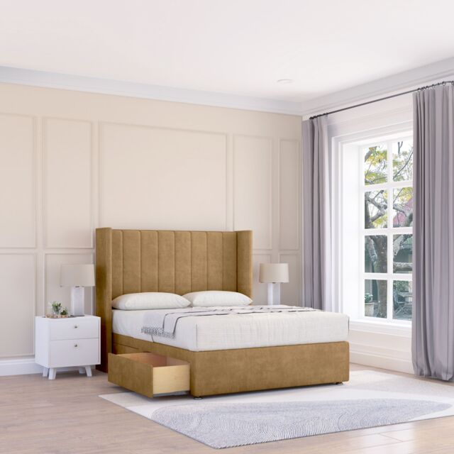 "Sloomy Falcon Plush Wingback Bed Set, 2 Drawers & 54"" Floor Standing Headboard in Light Brown - Size: King" - image 1