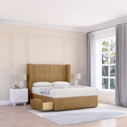"Sloomy Falcon Plush Wingback Bed Set, 2 Drawers & 54"" Floor Standing Headboard in Light Brown - Size: King" - thumbnail 1