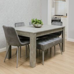 KOSY KOALA Wooden Grey Dining Table Set with 4 Grey Velvet Chairs & 1 Bench - Dining Furniture Set in Brown