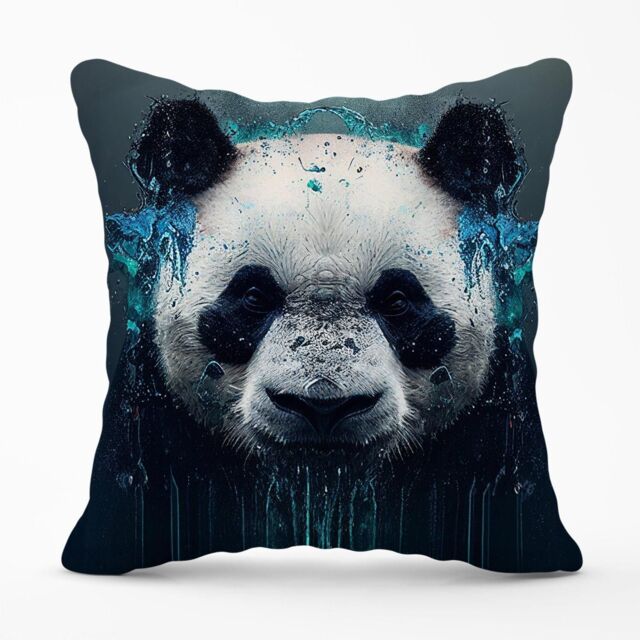 Warren Reed - Designer Panda Face Splashart Dark Background Outdoor Cushion in Blue - Size: 45 cm x 45 cm - image 1