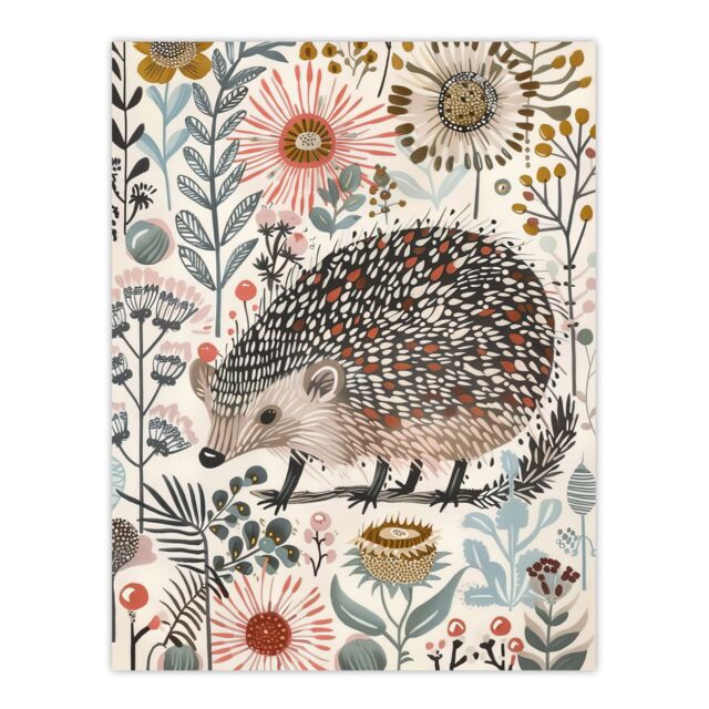 "Artery8 Hedgehog Flowers Artwork Rustic Woodland Floral Wall Art Print - Size: W24"" x H32""" - image 1
