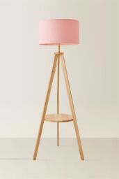 ValueLights Morrigan Natural Wood Tripod Floor Lamp with Fabric Drum Lamp Shade in Pale Pink - thumbnail 3