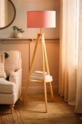 ValueLights Morrigan Natural Wood Tripod Floor Lamp with Fabric Drum Lamp Shade in Pale Pink - thumbnail 2