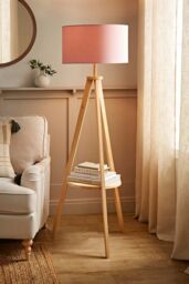 ValueLights Morrigan Natural Wood Tripod Floor Lamp with Fabric Drum Lamp Shade in Pale Pink - thumbnail 1