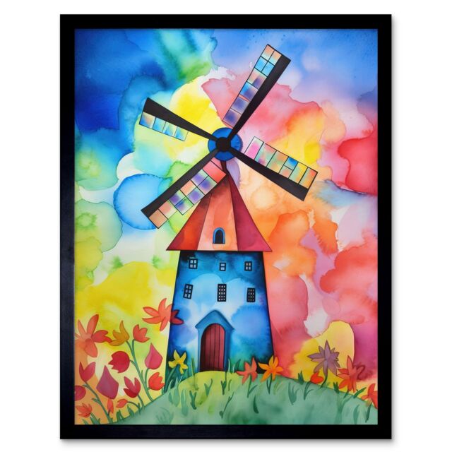 "Artery8 Wall Art Print Watercolour Windmill Netherlands Folk Art Framed in Black - Size: W12"" x H16""" - image 1