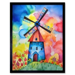 "Artery8 Wall Art Print Watercolour Windmill Netherlands Folk Art Framed in Black - Size: W12"" x H16""" - thumbnail 1