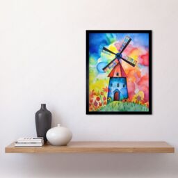 "Artery8 Wall Art Print Watercolour Windmill Netherlands Folk Art Framed in Black - Size: W12"" x H16""" - thumbnail 2