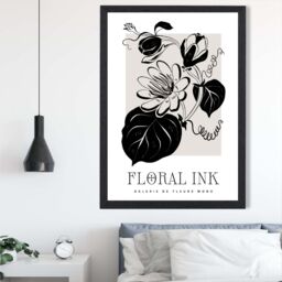 ARTZE Tropical Flowers in Black & Beige Floral Ink Sketch Framed Print SIZE: A3 with Black Frame - Size: A4 - thumbnail 2