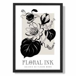 ARTZE Tropical Flowers in Black & Beige Floral Ink Sketch Framed Print SIZE: A3 with Black Frame - Size: A4 - thumbnail 1