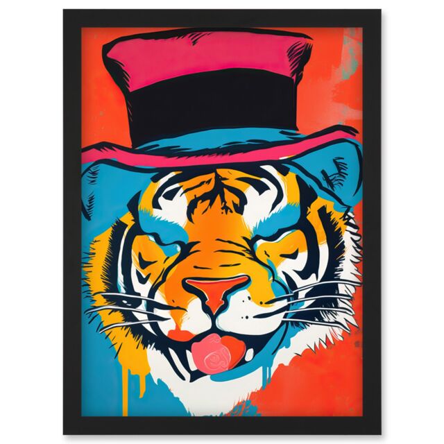 Artery8 Tiger Head Wearing Pink Top Hat Modern Pop Art Artwork Framed Wall Art Print A4 in Black - image 1