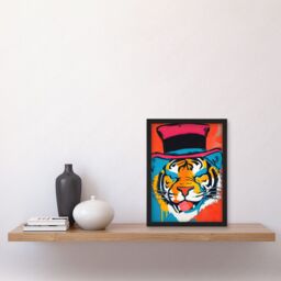 Artery8 Tiger Head Wearing Pink Top Hat Modern Pop Art Artwork Framed Wall Art Print A4 in Black - thumbnail 2