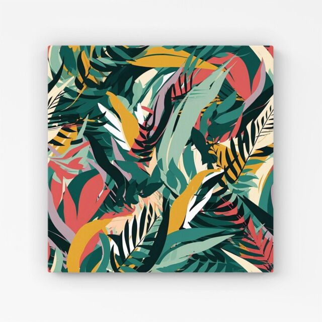 "Warren Reed - Designer Coloured Tropical Leaves Canvas in Green - Size: W16"" x H16""" - image 1