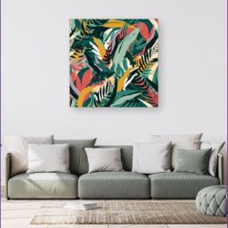"Warren Reed - Designer Coloured Tropical Leaves Canvas in Green - Size: W16"" x H16""" - thumbnail 4