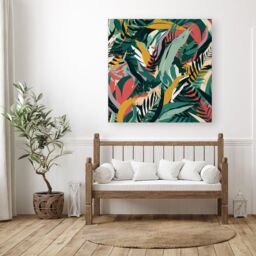 "Warren Reed - Designer Coloured Tropical Leaves Canvas in Green - Size: W16"" x H16""" - thumbnail 3