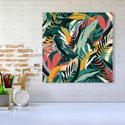 "Warren Reed - Designer Coloured Tropical Leaves Canvas in Green - Size: W16"" x H16""" - thumbnail 2