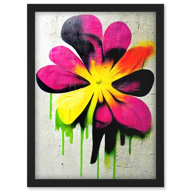 Artery8 Vibrant Street Art Graffiti Spray Paint Flower On Wall Artwork Framed Wall Art Print A4 in Black - image 1