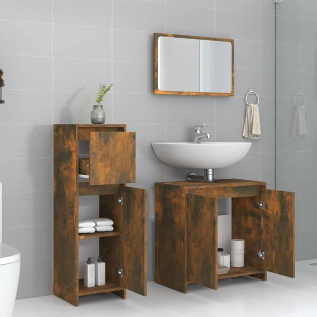 Berkfield Home Stylish 3 Piece Bathroom Furniture Set Smoked Oak Engineered Wood in Brown - image 1