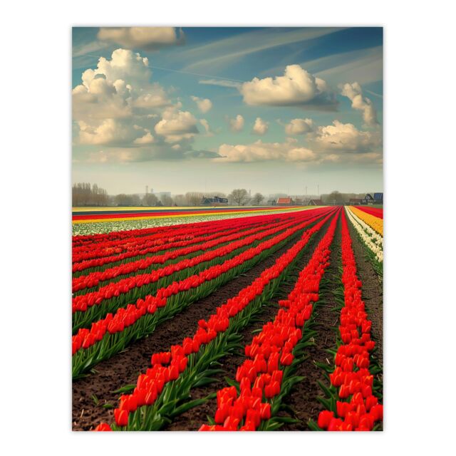 "Artery8 Tulip Fields Blue Sky Painting Holland Modern Wall Art Print in Red - Size: W12"" x H16""" - image 1