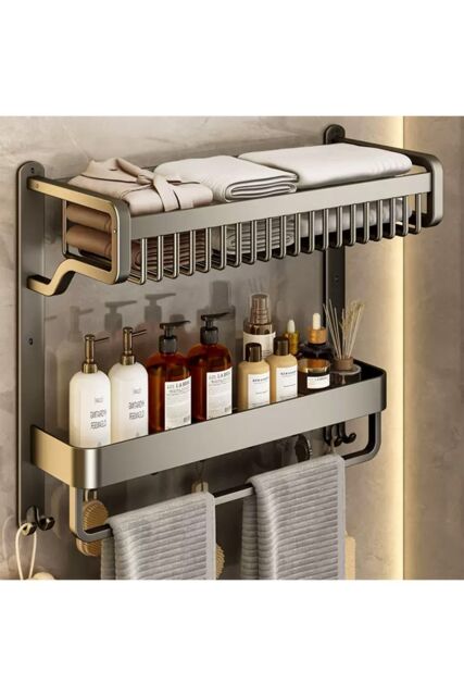 Living and Home 2-Tiers Corner Shower Caddy with Towel Rack Bathroom Storage Shelf in Grey - image 1