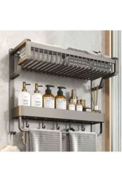 Living and Home 2-Tiers Corner Shower Caddy with Towel Rack Bathroom Storage Shelf in Grey - thumbnail 2