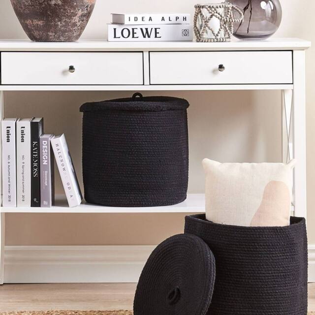 Wyld and Coco Boho Storage Baskets Set of 2 - Black Cotton with Lids - Size: Medium - image 1