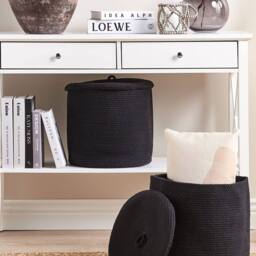 Wyld and Coco Boho Storage Baskets Set of 2 - Black Cotton with Lids - Size: Medium