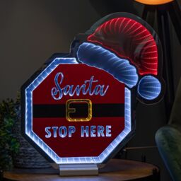 Samuel Alexander Light up Santa Stop Here Sign with Hat Infinity Decoration & LEDs in Red - thumbnail 1