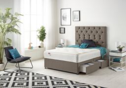 Somnior Premier Tweed Fabric Sprung Memory Foam 4 Drawer Divan Bed Set with Upholstered Headboard in Brown - Size: Double