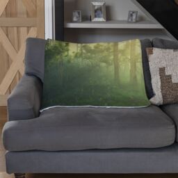Benjamin Tate Design sun, trees in a haze of light, glowing fog among the trees Designer Blanket in Natural - Size: 120 cm x 150 cm - thumbnail 2