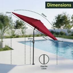 Keplin 2m Tilting Parasol Umbrella - Crank & Tilt Sun Shade with Cover in Dark Red - thumbnail 9