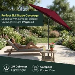 Keplin 2m Tilting Parasol Umbrella - Crank & Tilt Sun Shade with Cover in Dark Red - thumbnail 6