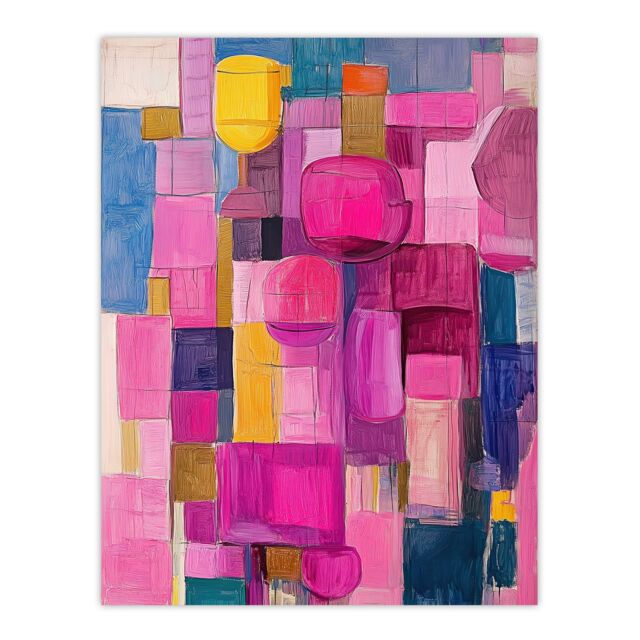 "Artery8 Wine Lover Drinks Pink Abstract Cubist Still Life Wall Art Print - Size: W18"" x H24""" - image 1