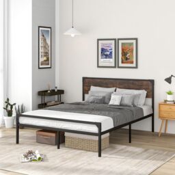 Costway King Bed Frame Industrial Metal Platform Bed with Headboard & Footboard in Brown - thumbnail 3