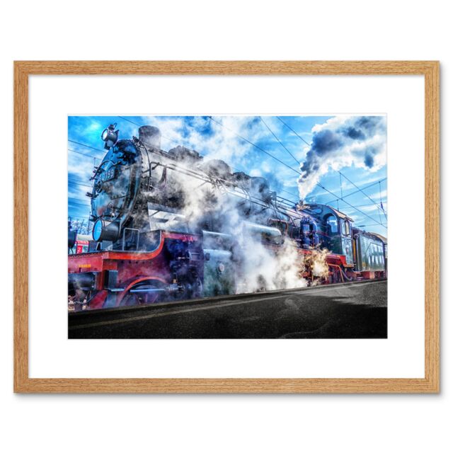 "Artery8 Wall Art Print Vintage Steam Train Engine Framed in Beige - Size: W7"" x H9""" - image 1