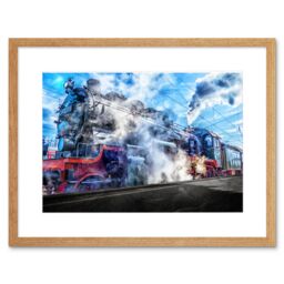 "Artery8 Wall Art Print Vintage Steam Train Engine Framed in Beige - Size: W7"" x H9""" - thumbnail 1