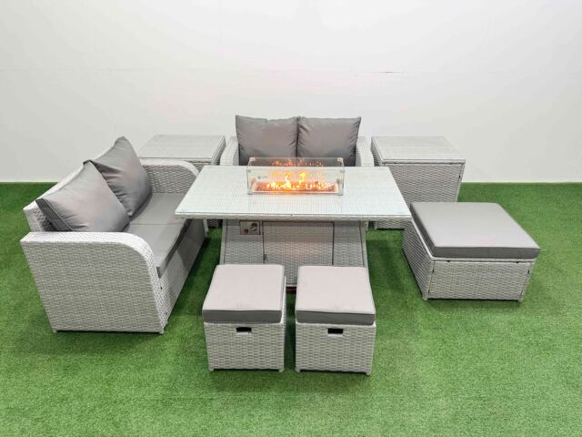 Fimous 7 Seater Outdoor Love Sofa Set Rattan Garden Furniture Set with Firepit Dining Table 3 Footstool 2 Side Tables Light Grey - image 1