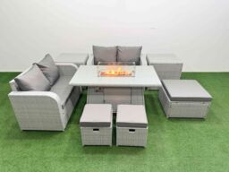Fimous 7 Seater Outdoor Love Sofa Set Rattan Garden Furniture Set with Firepit Dining Table 3 Footstool 2 Side Tables Light Grey - thumbnail 1