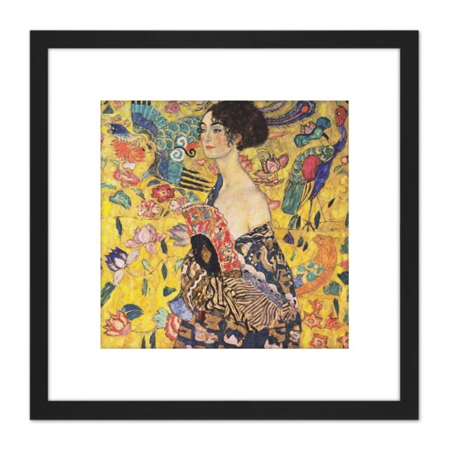 Artery8 Klimt Lady With Fan Painting 8X8 Inch Square Wooden Framed Wall Art Print Picture with Mount in Black - image 1