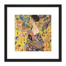 Artery8 Klimt Lady With Fan Painting 8X8 Inch Square Wooden Framed Wall Art Print Picture with Mount in Black - thumbnail 1