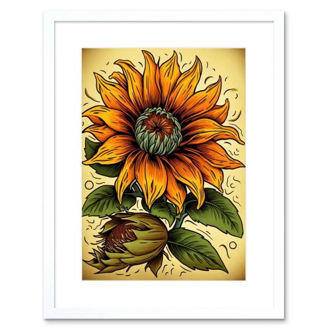"Artery8 Wall Art Print Sunflower Bloom Old School USA Tattoo Ink Body Art Rockabilly Americana 50s Artwork Framed 9X7 Inch in White - Size: W7"" x H9""" - image 1