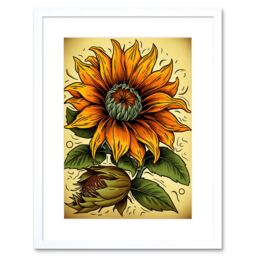 "Artery8 Wall Art Print Sunflower Bloom Old School USA Tattoo Ink Body Art Rockabilly Americana 50s Artwork Framed 9X7 Inch in White - Size: W7"" x H9""" - thumbnail 1