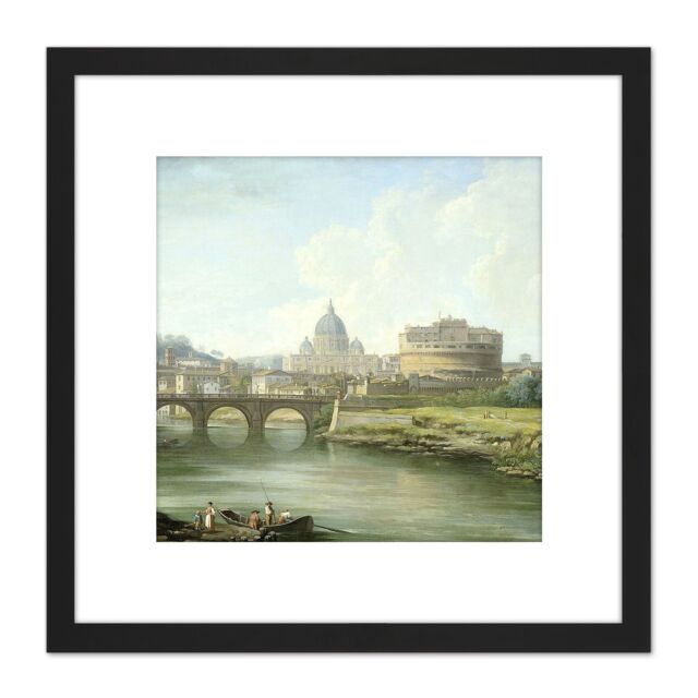 Artery8 Demachy View Of Castel Sant'Angelo Rome Painting 8X8 Inch Square Wooden Framed Wall Art Print Picture with Mount in Black - image 1