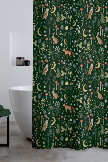 Catherine Lansfield 'Enchanted Twilight Animals' Shower Curtain in Dark Green - Size: 180 cm width x 180 cm drop - image 1